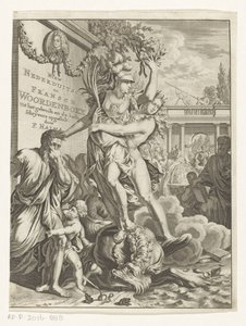 Minerva depcze ziejącego ogniem potwora morskiego Nowy słownik dolnoniemiecki i francuski (tytuł na obiekcie) Strona tytułowa dla: François Halma, Słownik języka niderlandzkiego i francuskiego, 1710 autorstwa Anonymous