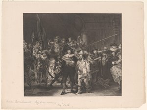 Oficerowie i inni bandyci Dystryktu II w Amsterdamie dowodzeni przez kapitana Fransa Bannincka Cocqa i porucznika Willema van Ruytenburcha, znani jako „Straż nocna” autorstwa Anonymous