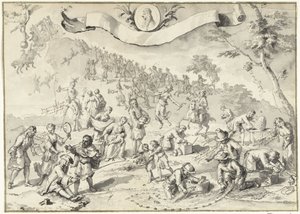 Rysunek projektowy do druku Chciwość próbuje wyprzedzić Fortunę, 1720 Wielka scena szaleństwa (tytuł serii) autorstwa Anonymous