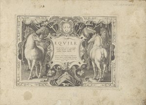 Ornamenteel kartusz z tytułem geflankeerd door paarden Koń, w którym wszystkie rodzaje szlachty: wybrane zachowania koni wyróżnionych z różnych stron świata (...) (tytuł serii na obiekcie) autorstwa Anonymous