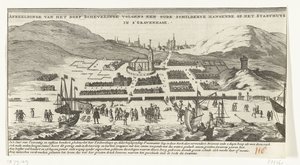 Powódź w Scheveningen w dniu Wszystkich Świętych, 1 listopada 1570 Wizerunek wsi Schevelinge według starego obrazu wiszącego na Stadthuys w Hadze (tytuł na obiekcie) autorstwa Anonymous