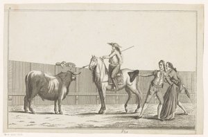 Picador celuje lancą w byka Coleccion de las principales suertes de una corrida de toros (tytuł serii na obiekcie) Zbiór najważniejszych manewrów walki byków (tytuł serii) autorstwa Anonymous