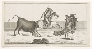 Picador wbija lancę w byka Coleccion de las principales suertes de una corrida de toros (tytuł serii na obiekcie) Zbiór najważniejszych manewrów walki byków (tytuł serii) autorstwa Anonymous