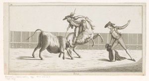 Picador wbija lancę w byka Coleccion de las principales suertes de una corrida de toros (tytuł serii na obiekcie) Zbiór najważniejszych manewrów walki byków (tytuł serii) autorstwa Anonymous