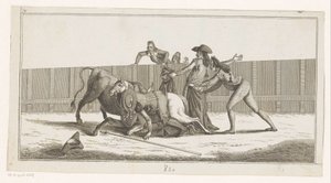 Picador spadł z konia Coleccion de las principales suertes de una corrida de toros (tytuł serii na obiekcie) Zbiór najważniejszych manewrów walki byków (tytuł serii) autorstwa Anonymous