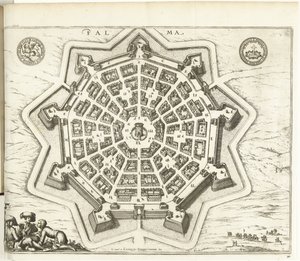 Plattegrond van Palmanova, 1726 Palma (tytuł na obiekcie) Siły Europy, Azji, Afryki i Ameryki (...) Jak również mapy Wybrzeży Francji i Hiszpanii (tytuł serii na obiekcie) autorstwa Anonymous