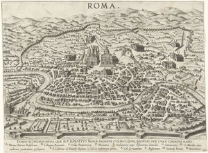 Mapa Rzymu przedstawiająca fundamenty Ignacego Loyoli Vita beati patris Ignatii Loyolae (tytuł serii) Sceny z życia Ignacego Loyoli (tytuł serii) autorstwa Anonymous