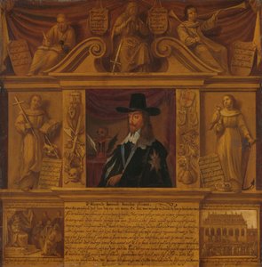 Portret Karola I, króla Anglii, w ramce z alegorycznymi postaciami i przedstawieniami historycznymi autorstwa Anonymous