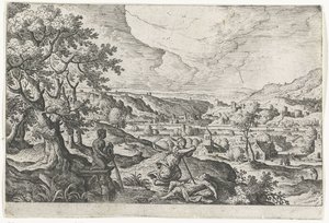 Pyramus i Thisbea Pejzaże ze scenami mitologicznymi i biblijnymi (tytuł serii) autorstwa Anonymous