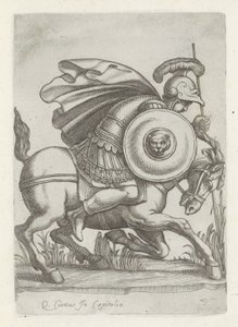 Reliëf spotkał się z de daad van Marcus Curtius Rzeźby antyczne w Rzymie (tytuł serii) Ikony starożytnych posągów miasta Rzymu, które można zobaczyć w miejscach publicznych (tytuł serii) autorstwa Anonymous