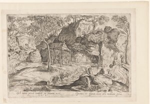 Rotsachtig landschap met dak op palen en rechts leeuw Daleko od świata, osłonięty strzechą, Landschappen naar Domenico Campagnola (tytuł serii) autorstwa Anonymous
