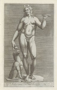 Sculptuur van Bacchus en een hond Bachus i marmur na terenie pałacu Vallens (tytuł na obiekcie) Rzeźby antyczne w Rzymie (tytuł serii) Ikony starożytnych posągów miasta Rzymu, które można zobaczyć w miejscach publicznych (tytuł serii) autorstwa Anonymous