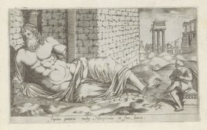 Rzeźba van Marforio Jupiter Panarius powszechnie znany jako Marphorius na rynku bydła (tytuł na obiekcie) Rzeźby antyczne w Rzymie (tytuł serii) Ikony starożytnych posągów miasta Rzymu, które można zobaczyć w miejscach publicznych (tytuł serii) autorstwa Anonymous