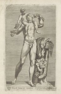 Sculptuur van Silenus met de jonge Bacchus op zijn schouders Posąg Bachusa w ogrodzie Cezarów (tytuł na obiekcie) Rzeźby antyczne w Rzymie (tytuł serii) Ikony starożytnych posągów miasta Rzymu, które można zobaczyć w miejscach publicznych (tytuł serii) autorstwa Anonymous