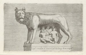 Rzeźba van de Lupa Capitolina die de tweeling Romulus en Remus zoogt Romulus i Remus karmiący wilka wizerunek Rzymu w Capito (tytuł na obiekcie) Rzeźby antyczne w Rzymie (tytuł serii) O starożytnych posągach miasta Rzymu, które można oglądać w miejscach pu autorstwa Anonymous