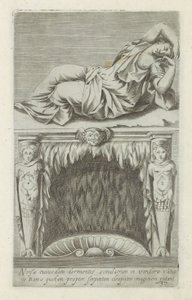Sculptuur van de sleepende Ariadne boven een schouw Obraz pewnej śpiącej nimfy w watykańskim ogrodzie rzymskim jest przez niektórych uważany za wizerunek Kleopatry ze względu na węża (tytuł na obiekcie) Rzeźby antyczne w Rzymie (tytuł serii) Starożytne pos autorstwa Anonymous