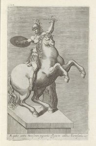 Sculptuur van een Romeinse soldaat te paard Equites przeciwko Amosowi (...) (tytuł na obiekcie) Rzeźby antyczne w Rzymie (tytuł serii) Ikony starożytnych posągów miasta Rzymu, które można zobaczyć w miejscach publicznych (tytuł serii) autorstwa Anonymous