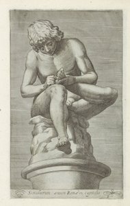 Sculptuur van een jongen met een doorn in de voet Rdzeń kręgowy Brązowe symulakrum Rzymu w stolicy (tytuł na obiekcie) Rzeźby antyczne w Rzymie (tytuł serii) Ikony starożytnych posągów miasta Rzymu, które można zobaczyć w miejscach publicznych (tytuł serii autorstwa Anonymous