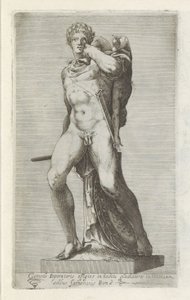 Rzeźba van keizera Commodus als gladiator Wygodny portret cesarza w stroju gladiatora (...) (tytuł na obiekcie) Rzeźby antyczne w Rzymie (tytuł serii) Ikony starożytnych posągów miasta Rzymu, które można zobaczyć w miejscach publicznych (tytuł serii) autorstwa Anonymous
