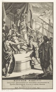 Żołnierz przedstawia królowi księgę Strona tytułowa dla: Matthias Martinius, Lexicon philologicum praecipuae etymologicum, 1697 autorstwa Anonymous
