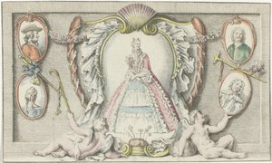 Stojąca kobieta, dwa putta i cztery medaliony Mody 1730 Mercure de France (tytuł serii) autorstwa Anonymous