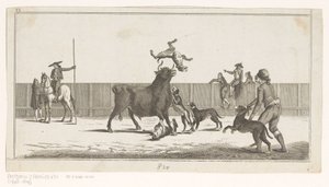 Byk zaatakowany przez psy Coleccion de las principales suertes de una corrida de toros (tytuł serii na obiekcie) Zbiór najważniejszych manewrów walki byków (tytuł serii) autorstwa Anonymous