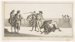 Byk ukąszony przez matadora Coleccion de las principales suertes de una corrida de toros (tytuł serii na obiekcie) Zbiór najważniejszych manewrów walki byków (tytuł serii) autorstwa Anonymous