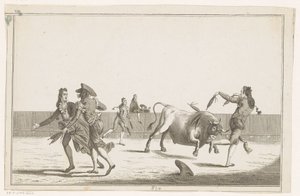 Byk zostaje wyzwany na banderille Coleccion de las principales suertes de una corrida de toros (tytuł serii na obiekcie) Zbiór najważniejszych manewrów walki byków (tytuł serii) autorstwa Anonymous