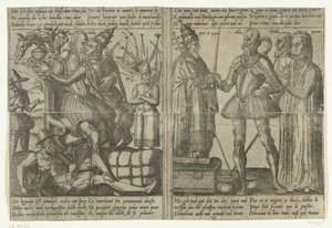 Podczas gdy Alva kocha się z nierządnicą Babilonu, gospodarka kraju upada / Margaret z Parmy, Granvelle i papież wspierają misję Alvy, ok. 1567-1572 Misja Alvy w Holandii i konsekwencje jego tyranii (kopie), 1572 (seria autorstwa Anonymous