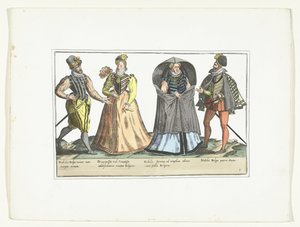 Dwóch mężczyzn i dwie kobiety ubranych zgodnie z modą niderlandzką, ok. 1580 Kostiumy cywilne des Pays-Bas (tytuł na przedmiocie) autorstwa Anonymous