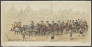 Maskarada Utrechcka, tablica a: szlachecka, 1856 Szlachta. (tytuł na obiekcie) Założyciele holenderskiej wolności (czas Wilhelma I) przedstawione przez H.H. członkowie korpusu studenckiego Utrechtu, z okazji 220. rocznicy Utrechtsche Hooge autorstwa Anonymous