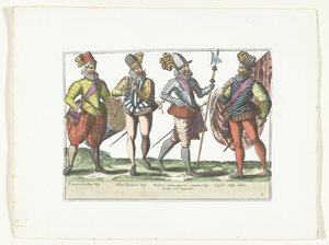 Czterech żołnierzy hiszpańskich w mundurach, ok. 1580 Kostiumy wojskowe Espagnols (tytuł na obiekcie) autorstwa Anonymous