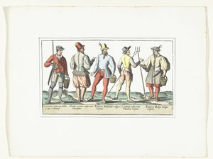 Czterech chłopów ubranych potocznie i jeden po staromodny, ok. 1580 Tryby Rustiques (tytuł na obiekcie) autorstwa Anonymous