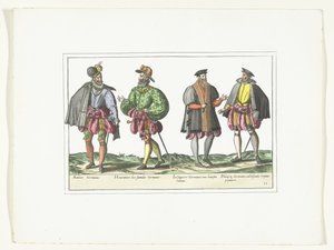 Czterech mężczyzn ubranych w niemiecką modę, ok. 1580 Kostiumy Allemands (tytuł na obiekcie) autorstwa Anonymous