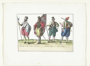 Czterech żołnierzy w mundurach według mody w Holandii i Anglii, ok. 1580 Costumes Militaires des Pays-Bas (tytuł na obiekcie) autorstwa Anonymous