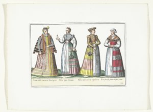 Cztery kobiety ubrane w niemiecką modę, ok. 1580 Kostiumy Allemands (tytuł na obiekcie) autorstwa Anonymous