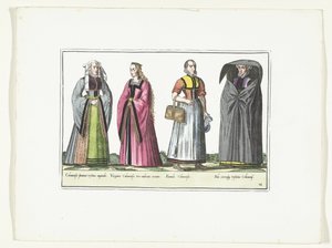 Cztery kobiety ubrane w niemiecką modę, ok. 1580 Kostiumy Allemands (tytuł na obiekcie) autorstwa Anonymous