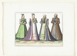 Cztery kobiety ubrane w niemiecką modę w Augsburgu, ok. 1580 Kostiumy Allemands (tytuł na obiekcie) autorstwa Anonymous
