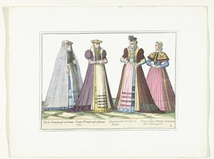 Cztery kobiety ubrane w niemiecką modę we Frankfurcie, ok. 1580 Kostiumy Allemands (tytuł na obiekcie) autorstwa Anonymous