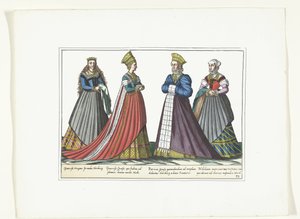 Cztery kobiety ubrane w niemiecką modę w Norymberdze, ok. 1580 Kostiumy Allemands (tytuł na obiekcie) autorstwa Anonymous