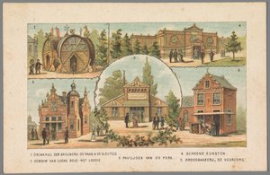 Pięć pawilonów na Wystawie Światowej w Amsterdamie, 1883 1 Pijalnia browaru De Haan & De Sleutels. 2 Budynek Lucasa Bolsa - Het Loosie. 3 Pawilon prasy. 4 sztuki piękne. 5 Piekarnia chlebowa De Voorzorg. (tytuł na obiekcie) Przypomnienie aa autorstwa Anonymous