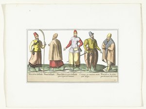 Pięciu marynarzy ubranych w modę niderlandzką i bretońską, ok. 1580 Kostiumy marin (tytuł na obiekcie) autorstwa Anonymous