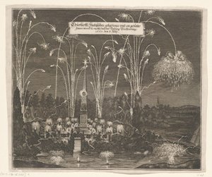 Fajerwerki w pobliżu Pleißenburga, 8 lipca 1667 Churfürstl: Sachsisches gehaltenes und an gezentes Fewer werck zu nachts beij forteca Pleissenburg, 1667, 8 lipca (tytuł na obiekcie) autorstwa Anonymous