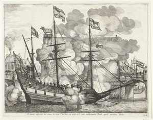 Zeilschip, naar rechts; incht van Ferdinand te Gent w 1635 (nr 38) O statku, nowe Fale zaniosą cię do morza: ale nie ma nic pod kontrolą Tego, którego boisz się prowadzić (tytuł na obiekcie) Triumfalny statek innych żeglarzy autorstwa Anonymous