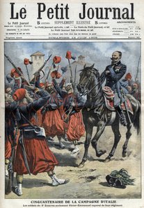 50. rocznica kampanii włoskiej: żołnierze 3 Pułku Żuawów dopingują króla Wiktora Emanuela III (Wiktor Emanuel, Vittorio Emanuele 3) mianowani kapralem swojego pułku po bitwie o Palestro – „Dziennik Petity” z 1 autorstwa Anonymous Anonymous