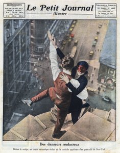 Para ekstremalnych tancerzy ewoluuje na krawędzi nowojorskiego drapacza chmur. Ilustracja zaczerpnięta z „Le petit journal illustré” z 21.08.1921 r. Prywatna kolekcja autorstwa Anonymous Anonymous