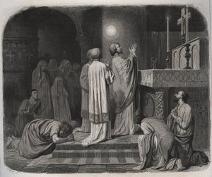 Kula ognia pojawia się nad Św. Marcinem eveque de Tours (316-397), gdy pracuje. Rycina z 1846 r. w „Żywotach świętych”. Prywatna kolekcja. autorstwa Anonymous Anonymous
