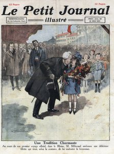 Mała dziewczynka wręcza bukiet w trójkolorowych kolorach prezydentowi republiki Alexandre