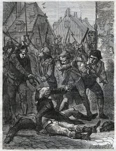 Scena z okresu rewolucji francuskiej: Theobald de Dillon (1745-1792) i oficer dżin Berthois zostali zmasakrowani przez żołnierzy i ludność Lille, którzy oskarżyli ich o zdradę stanu. Grawer z 1866 roku w „Histoire de la Revolution fr autorstwa Anonymous Anonymous