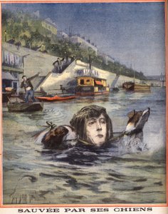 Kobieta wpadająca do Sekwany zostaje uratowana przez swoje psy w Paryżu. Grawer w „Le petit parisien”” 14.08.1910. Prywatna kolekcja. autorstwa Anonymous Anonymous